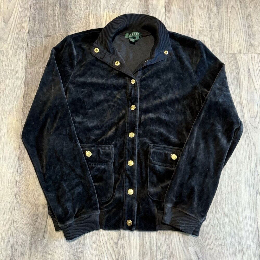 Lauren Ralph Lauren Vintage Black Velvet Jacket Gold Snap Buttons Size Medium